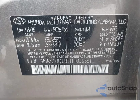2017 Hyundai Santa Fe Sport 2.4L from USA, damaged, VIN 5NMZUDLB2HH035361